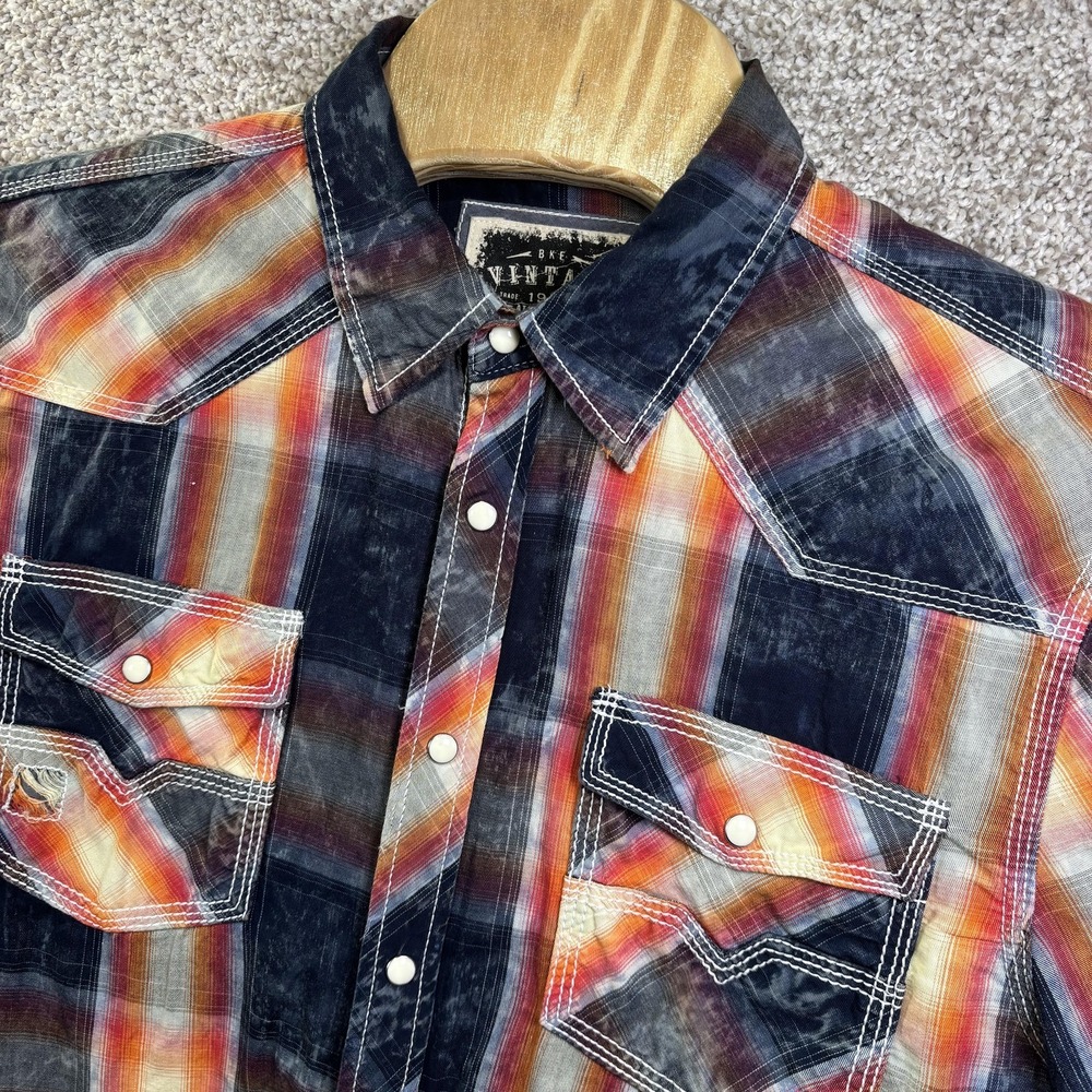 BKE Vintage Shirt Mens Large Multicolor Plaid Long Sleeve‎ Snap Western Casual